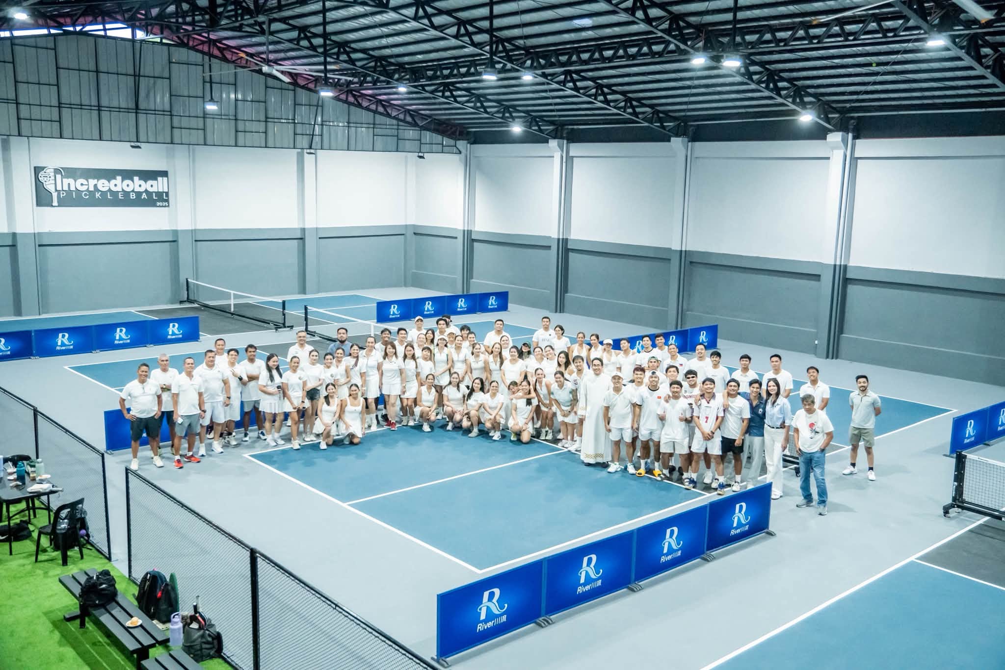 A large crowd of players gathered on Incredoball's pickleball courts for a community event